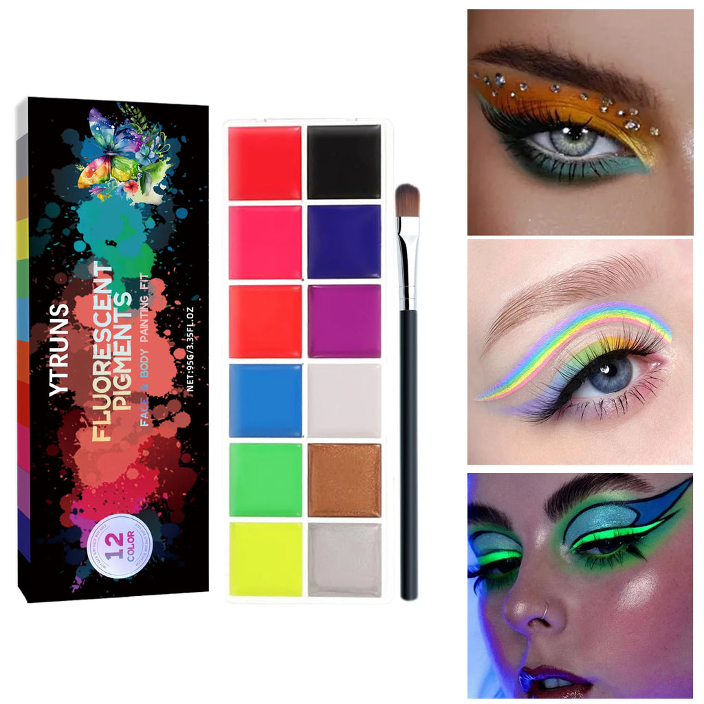 12-Color UV Glow Face and Body Paint Makeup Palette Set - Vibrant, Waterproof, Long-Lasting Halloween, Cosplay and Costume Makeu