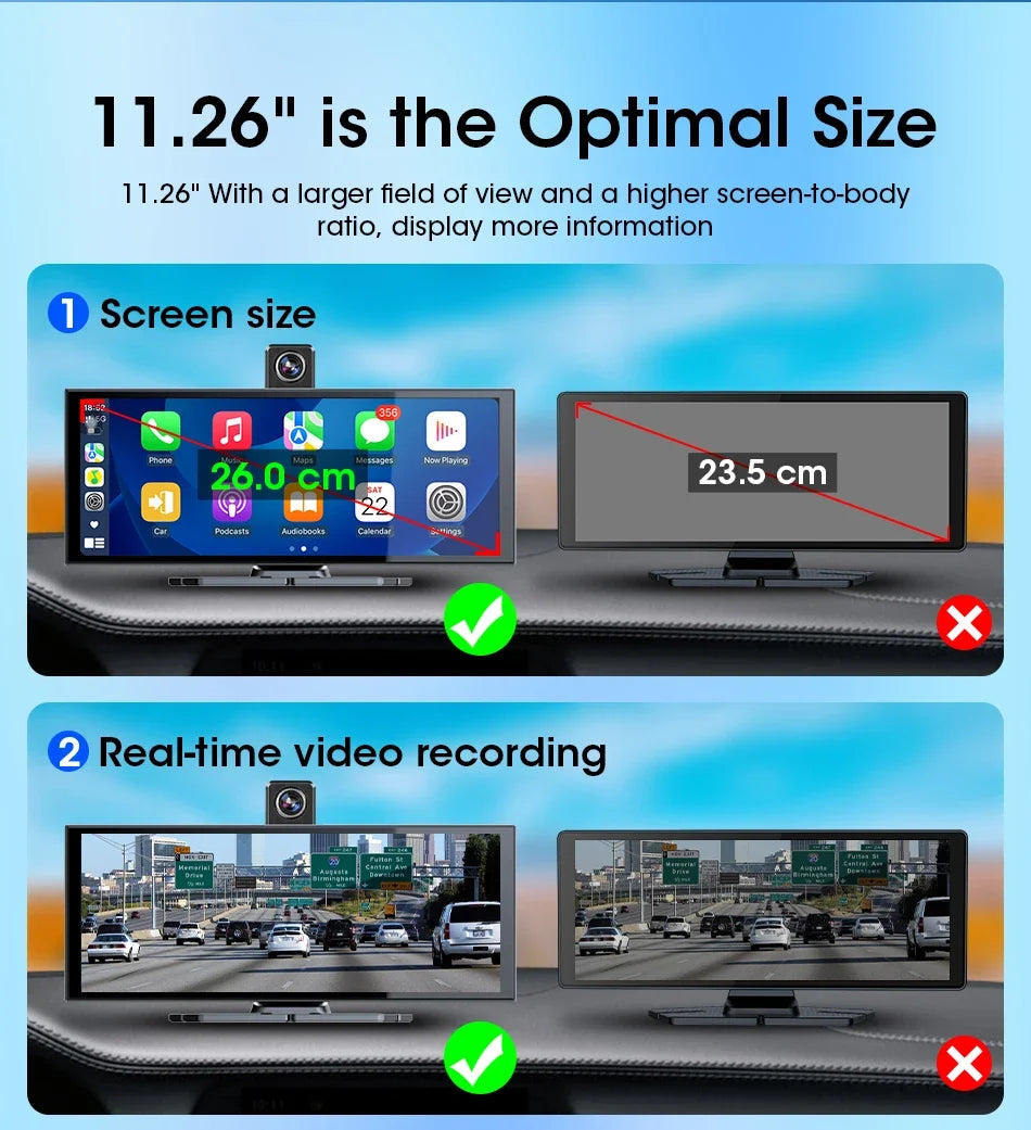Srnubi Universal 11.26” Car DVR Wireless Carplay Android Auto 4K Front 1080P Rear Camera Dashcam GPS Navi Dashboard 24H Parking