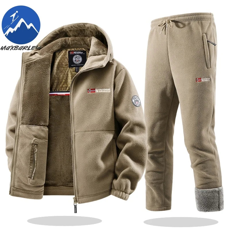Maxbarley Winter Sportswear Set Mens Retro Training Thick Fleece Jacket + Pants Two Piece Set Casual Ski Running Tracksuit Suit