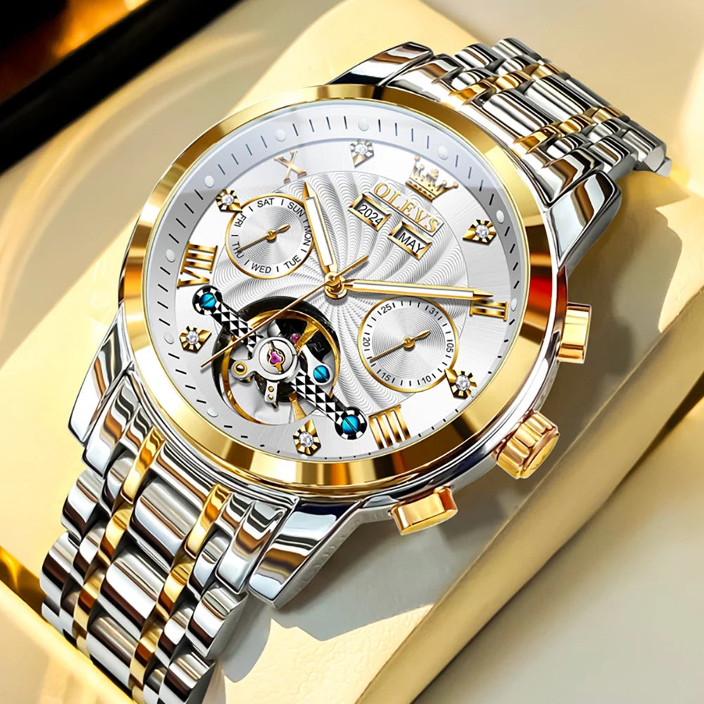OLEVS Men's Watches 7088 Luxury Trend Fashion Automatic Mechanical Watch for Man Hollow Quartz Movement Complete Calendar Week