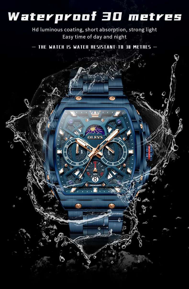 OLEVS 2942 New Mens Watch Original Tonneau Quartz Watch Waterproof Luminous Stainless Steel Watches For Men Gifts Box