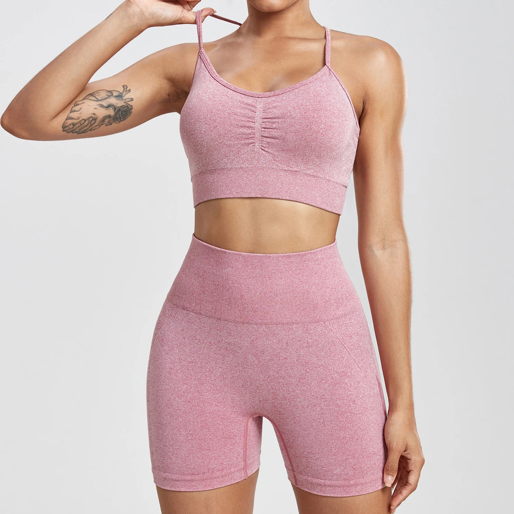 Solid Women Two Piece Sets Peach Buttocks Shorts Female Trackuists Gym Set Halter Fitness Shorts Push Up Bra Summer