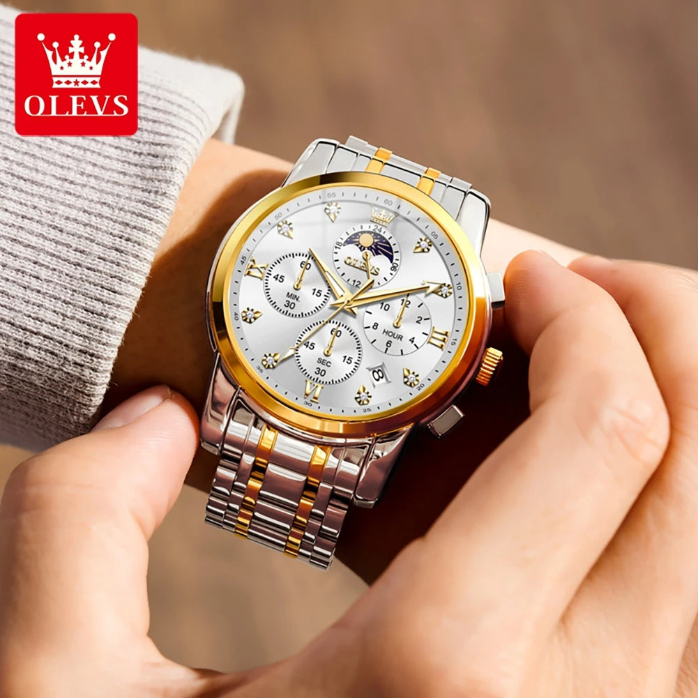 OLEVS 3655 Moon Phase Classic Three Eye Dial Men's Watch Stainless Steel Watch for Male Butterfly Buckle Waterproof Quartz watch