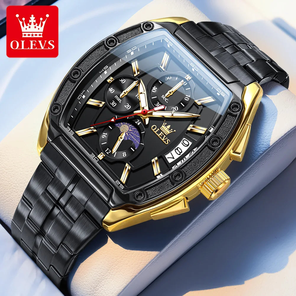 OLEVS Watch New 3661 Mens Watch Luxury Quartz Watch Waterproof Luminous Stainless Steel Moon Phase Sport Tonneau Watches For Men