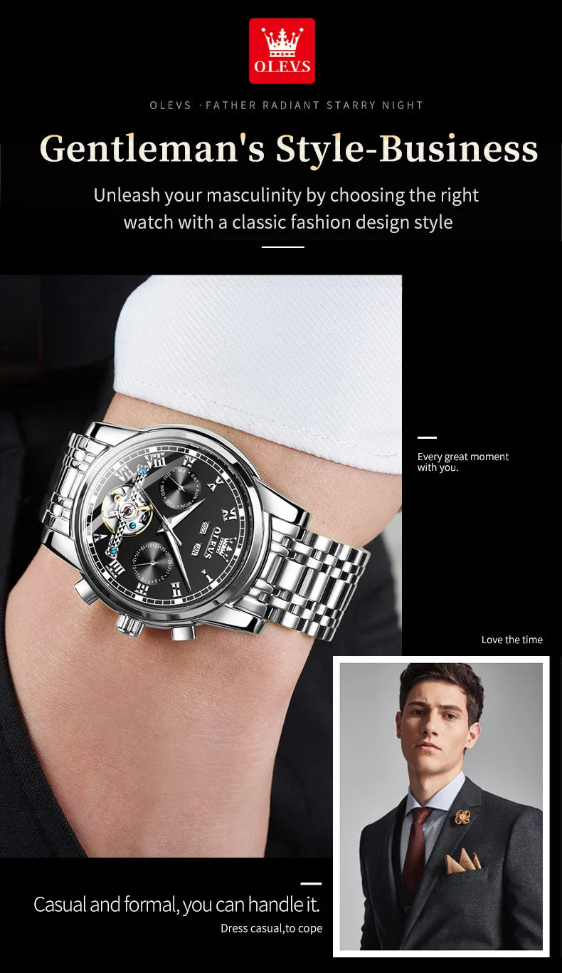 OLEVS 6607 Fully Automaitc Watches Stainless Steel Skeleton Flywheel Dual Calendar Top Luxury Brand Men's Mechanical Wristwatch