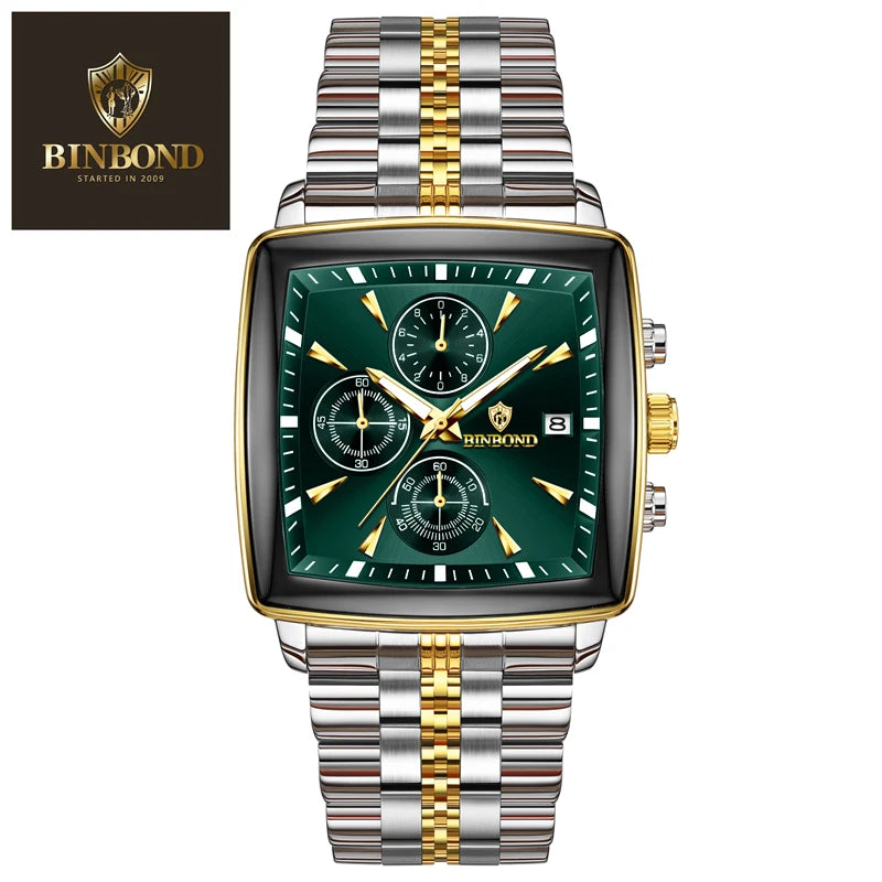 BINBOND Luxury Square Sport Man Wristwatch Waterproof Luminous Chronograph Quartz Men's Watches Stainless Steel Men Watch Reloj