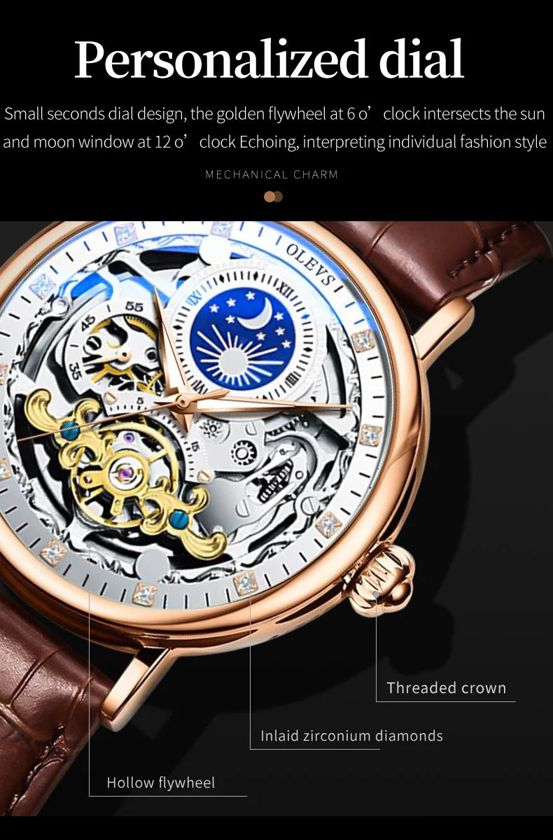 OLEVS Moon Phase Mechanical Watch Men with Waterproof Automatic Skeleton Mens Watches Top Brand Luxury Tourbillon Wristwatch Men