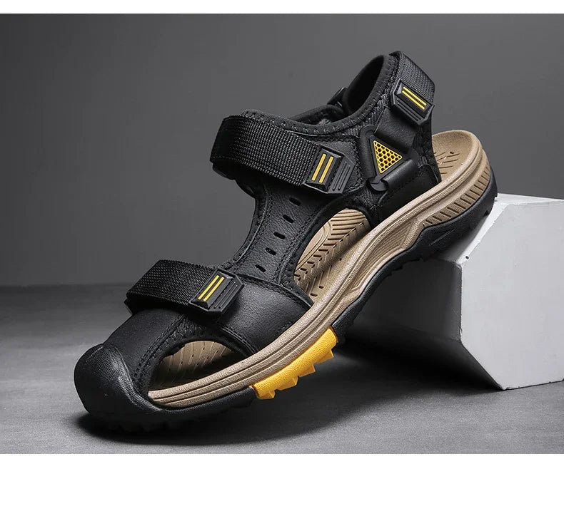 Summer Breathable Genuine Leather Men Sandals Waterproof Non-Slip Large Size flip flops Beach shose For Outdoor Anti-Collision