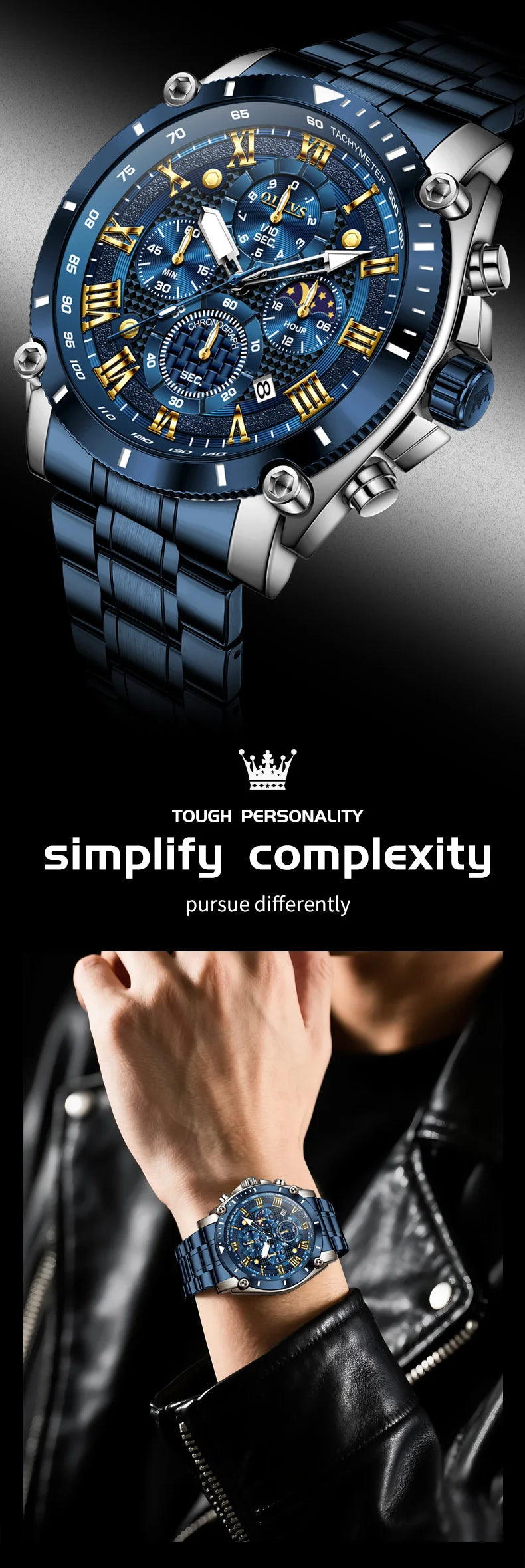 OLEVS New Man Watch Moon Phase Chronograph Waterproof Luminous Multi-functional Original Luxury Brand Quartz Men's Watches 3689