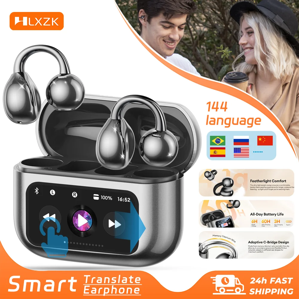 Wireless Ear Clip Earphones with Touch Screen 144 Languages AI Real Time Translation Headphones Smart Bluetooth Earbuds Device