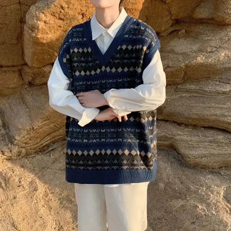 Men's Clothing Plaid Sleeveless Blue Knit Sweater Male Graphic Waistcoat Vest Casual Korean Style Baggy Fashion Stylish Hot A