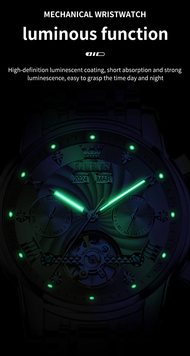 OLEVS Men's Watches 7088 Luxury Trend Fashion Automatic Mechanical Watch for Man Hollow Quartz Movement Complete Calendar Week