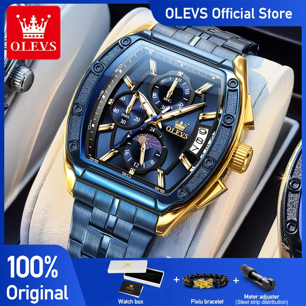 OLEVS Watch New 3661 Mens Watch Luxury Quartz Watch Waterproof Luminous Stainless Steel Moon Phase Sport Tonneau Watches For Men