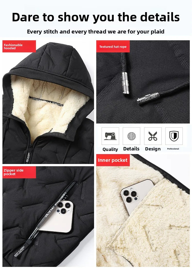 Men's hooded warm short jacket winter zipper pocket jacket outdoor sports and leisure work clothes windproof cotton jacket
