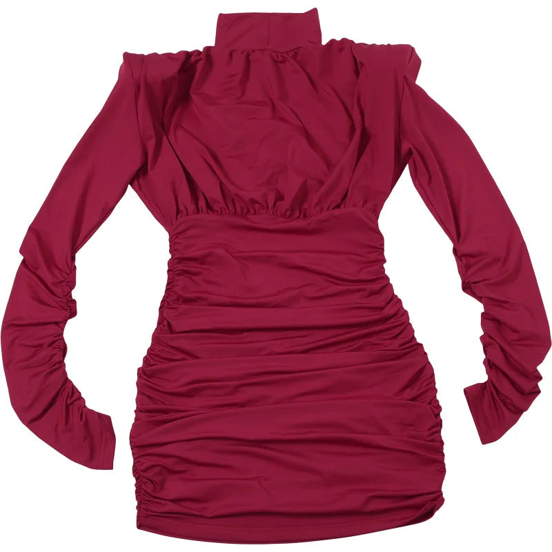 Women's Clothing 2025 Autumn And Winter New Fashion Temperament High Neck Pleated Waist Slim Hip Wrap Long Sleeve Dress Women