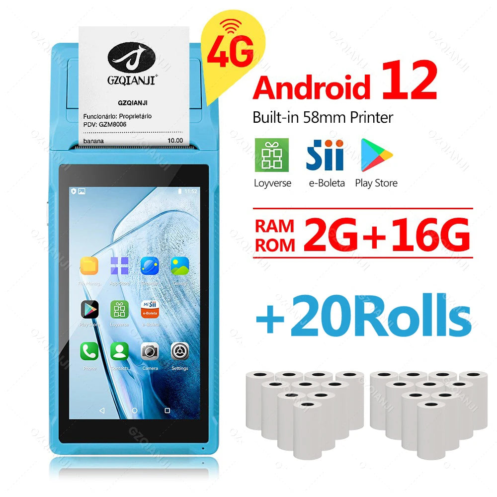 4G 3G Android 12/8.1 PDA POS System & 58mm Thermal Printer Bluetooth WiFi Handheld POS Terminal 5.5'' Touch Screen Loyverse app