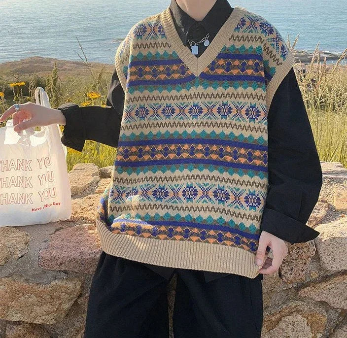 Men's Clothing Plaid Sleeveless Blue Knit Sweater Male Graphic Waistcoat Vest Casual Korean Style Baggy Fashion Stylish Hot A