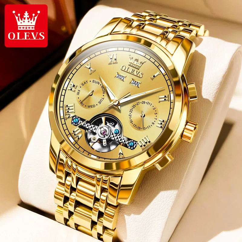 OLEVS 6607 Fully Automaitc Watches Stainless Steel Skeleton Flywheel Dual Calendar Top Luxury Brand Men's Mechanical Wristwatch