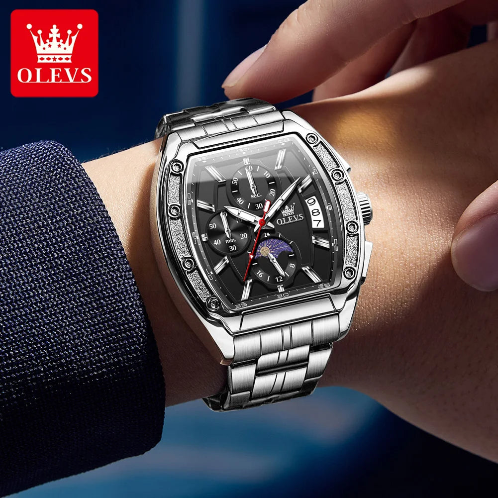 OLEVS Watch New 3661 Mens Watch Luxury Quartz Watch Waterproof Luminous Stainless Steel Moon Phase Sport Tonneau Watches For Men