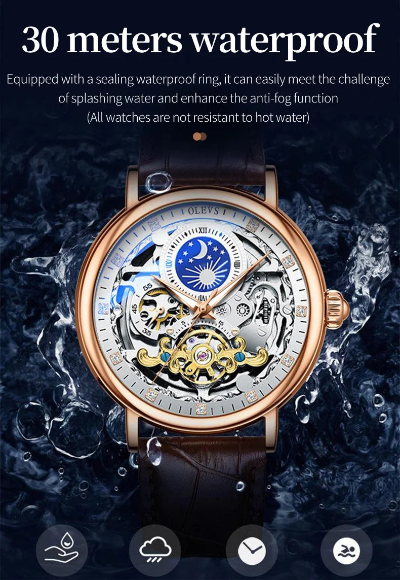 OLEVS Moon Phase Mechanical Watch Men with Waterproof Automatic Skeleton Mens Watches Top Brand Luxury Tourbillon Wristwatch Men