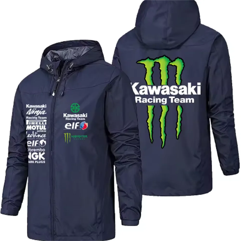 Racing team jacket with Kawasaki logo, men's waterproof and windproof sportswear, outdoor enthusiast jacket, fashionable jacket