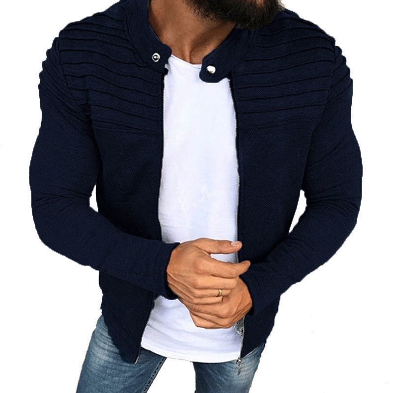 Autumn Sports Casual Men Jacket Men's Pleats Slim Stripe Fit Jacket Zipper Long Sleeve Coat Cardigan Coat