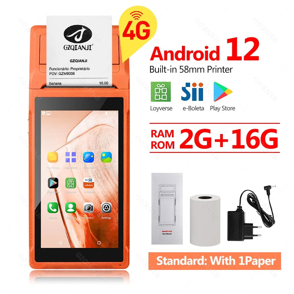 4G 3G Android 12/8.1 PDA POS System & 58mm Thermal Printer Bluetooth WiFi Handheld POS Terminal 5.5'' Touch Screen Loyverse app
