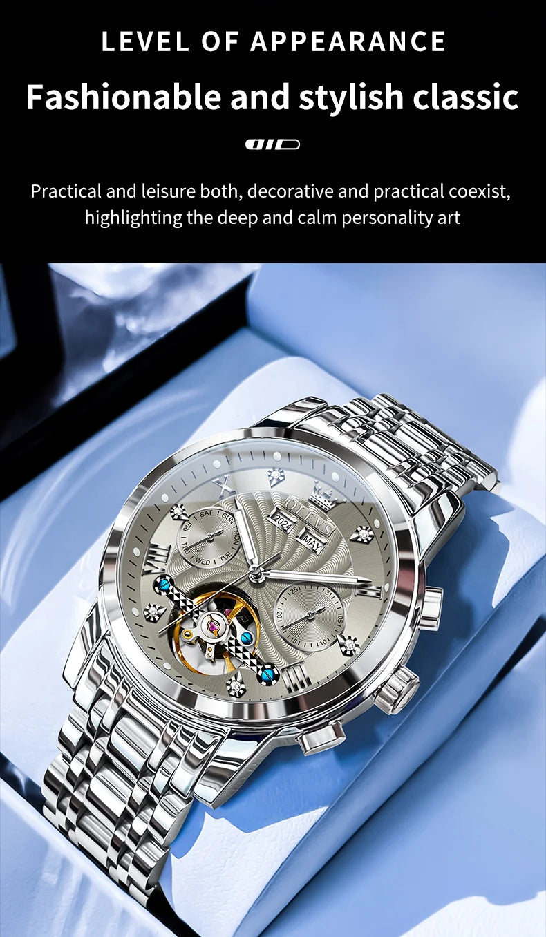 OLEVS Men's Watches 7088 Luxury Trend Fashion Automatic Mechanical Watch for Man Hollow Quartz Movement Complete Calendar Week