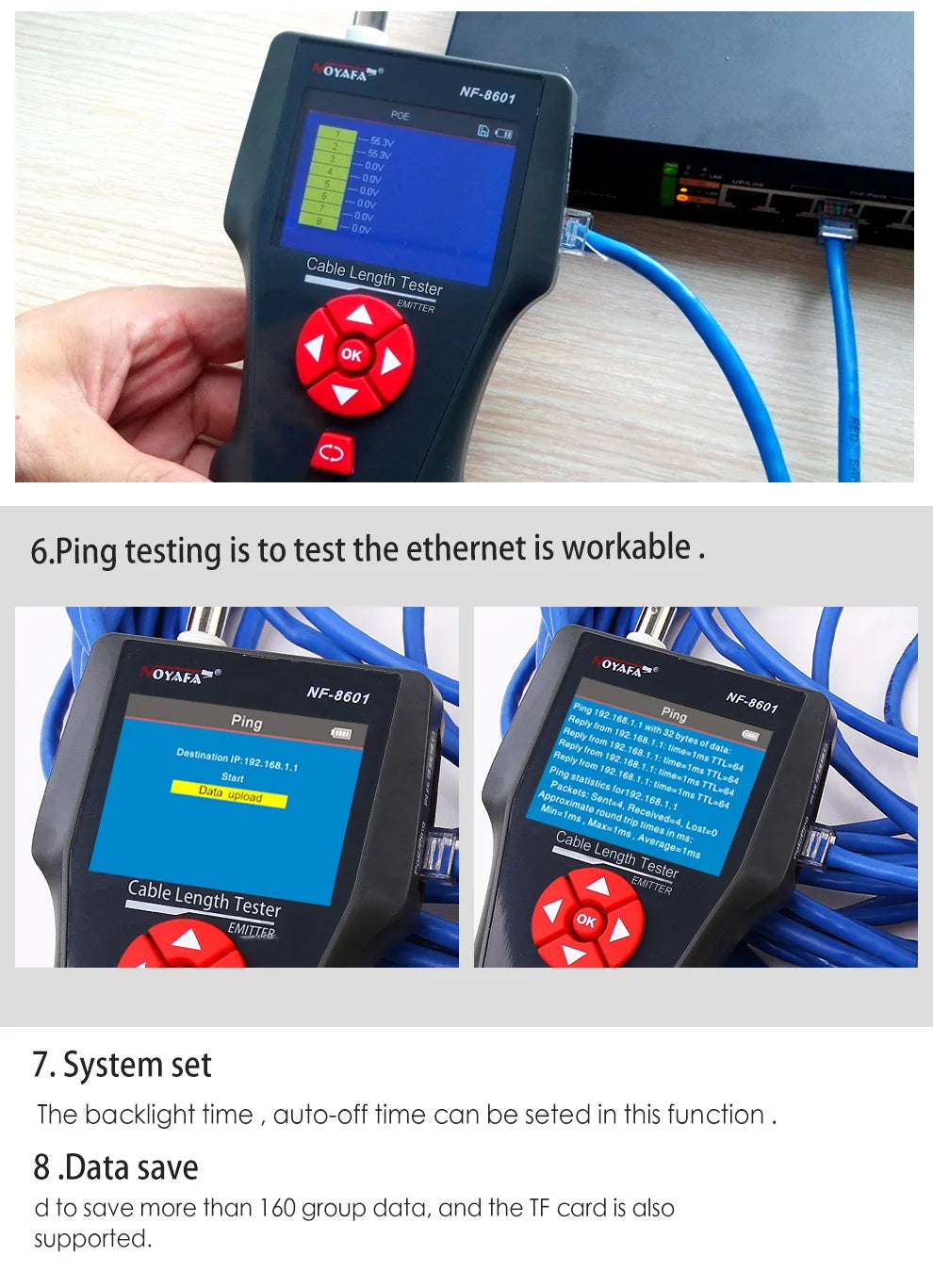 Original Noyafa NF-8601W Multifunction Network Cable Tester RJ45 RJ11 BNC POE PING Crosstalk Test Network Wire Cable Tracker