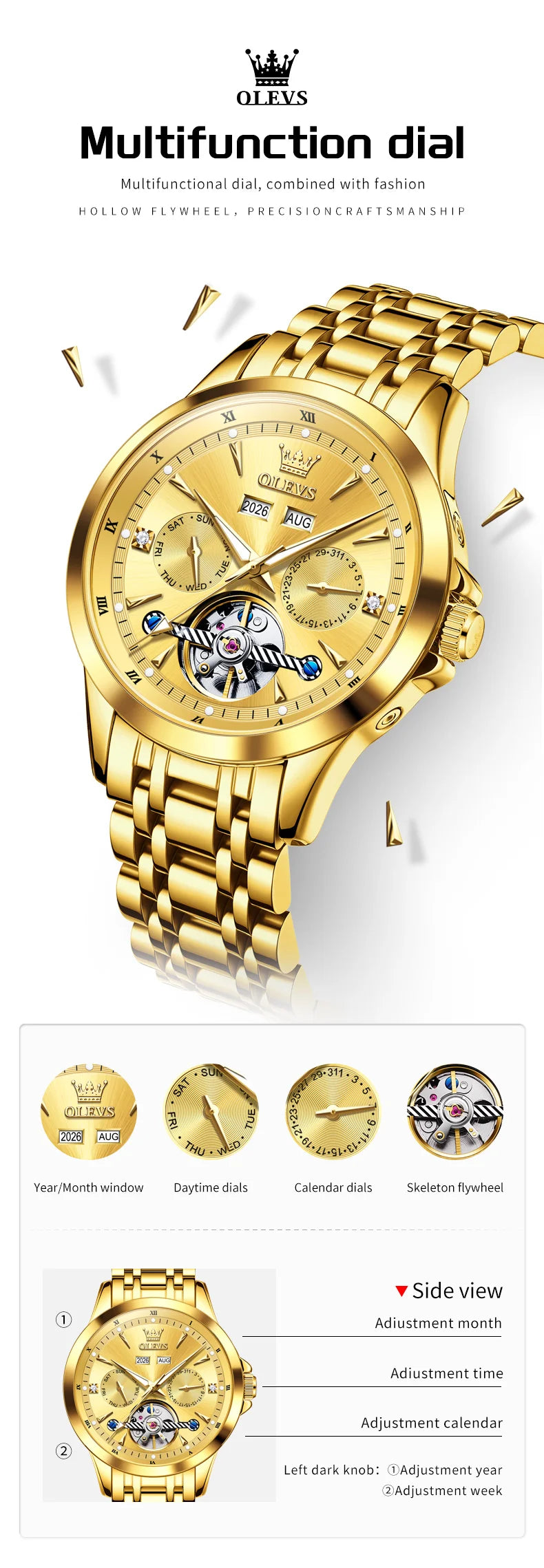 OLEVS 7091 Mens Watch Original Flywheel Automatic Mechanical Watch For Man Perpetual Calendar Waterproof Luminous Luxury Reloj