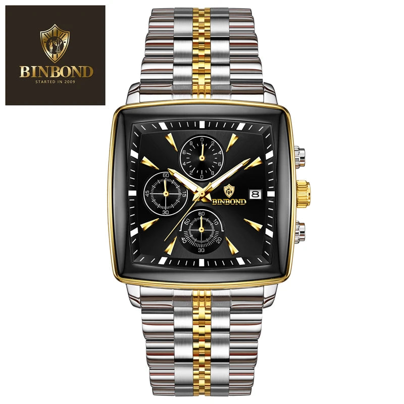 BINBOND Luxury Square Sport Man Wristwatch Waterproof Luminous Chronograph Quartz Men's Watches Stainless Steel Men Watch Reloj
