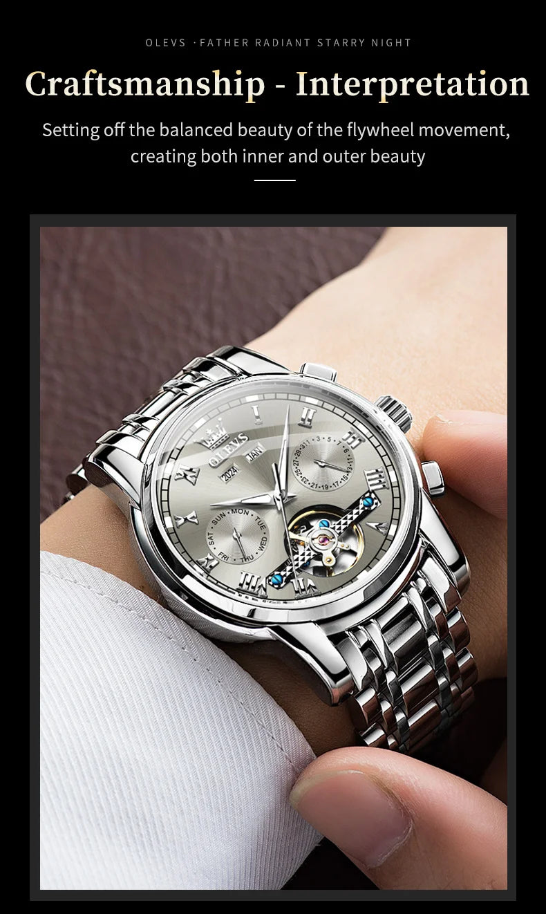 OLEVS 6607 Fully Automaitc Watches Stainless Steel Skeleton Flywheel Dual Calendar Top Luxury Brand Men's Mechanical Wristwatch
