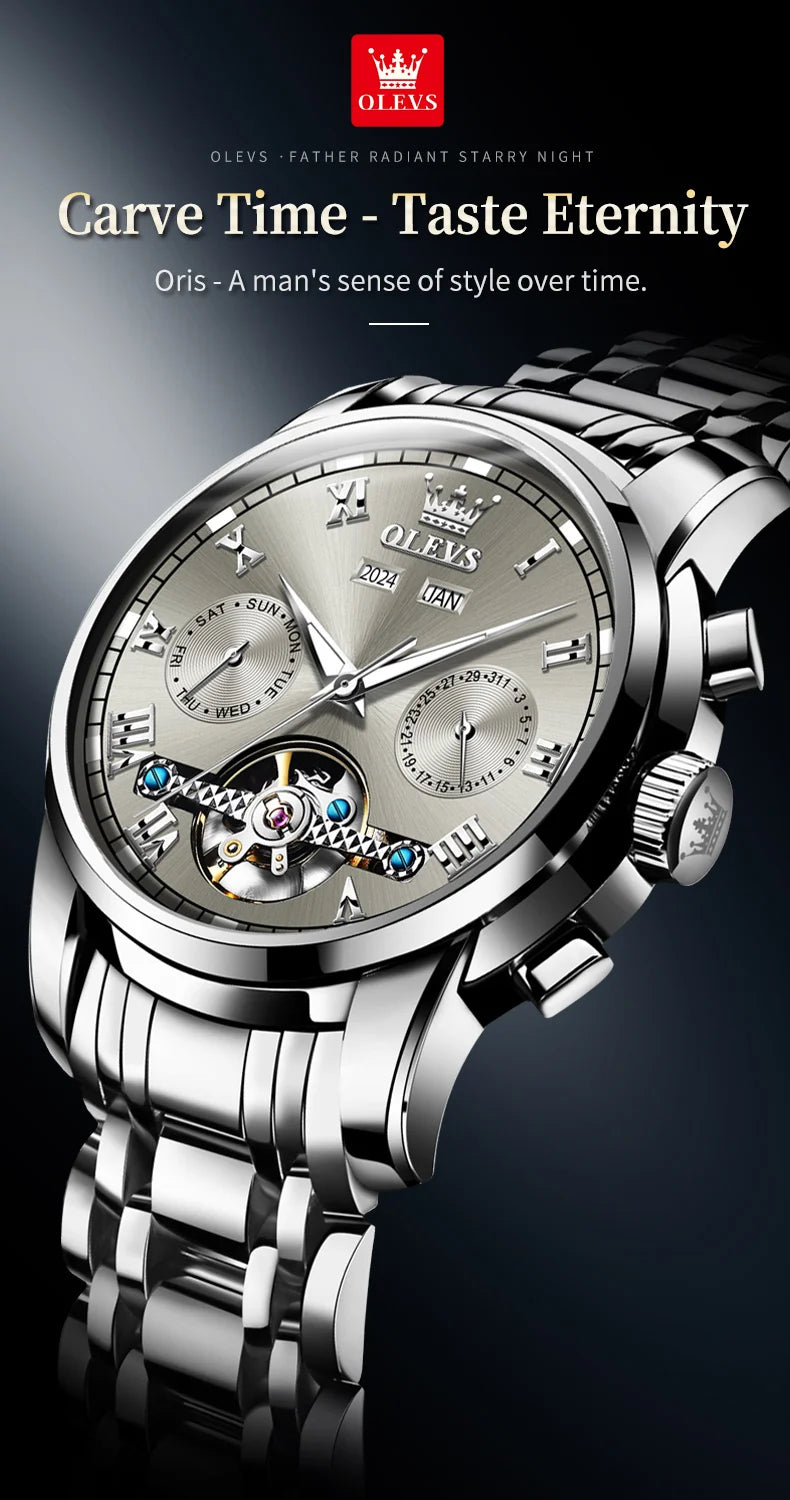 OLEVS 6607 Fully Automaitc Watches Stainless Steel Skeleton Flywheel Dual Calendar Top Luxury Brand Men's Mechanical Wristwatch