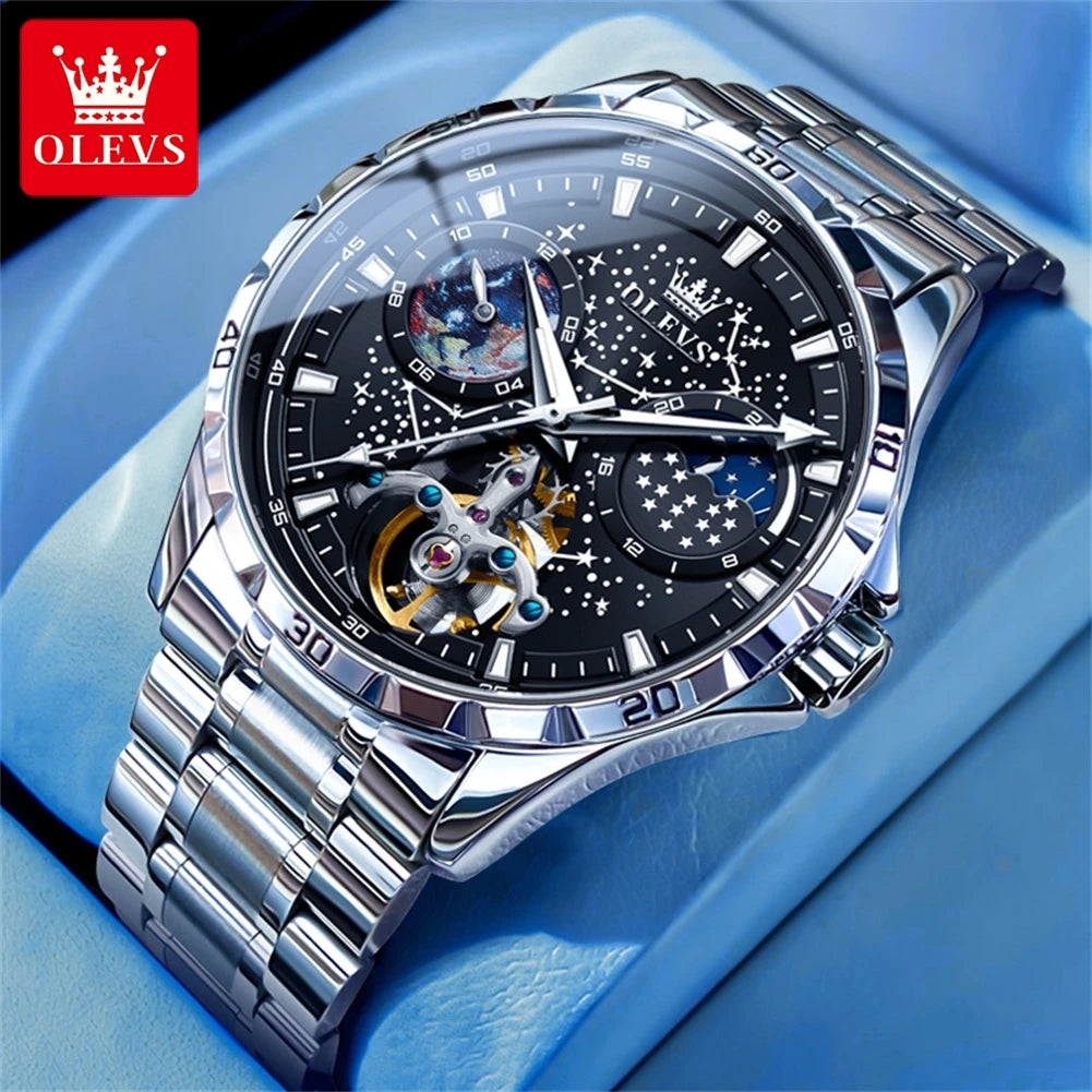 OLEVS Flywheel Skeleton Automatic Watch for Men Luminous Starry Sky Waterproof Business Wristwatch Mechanical Watch