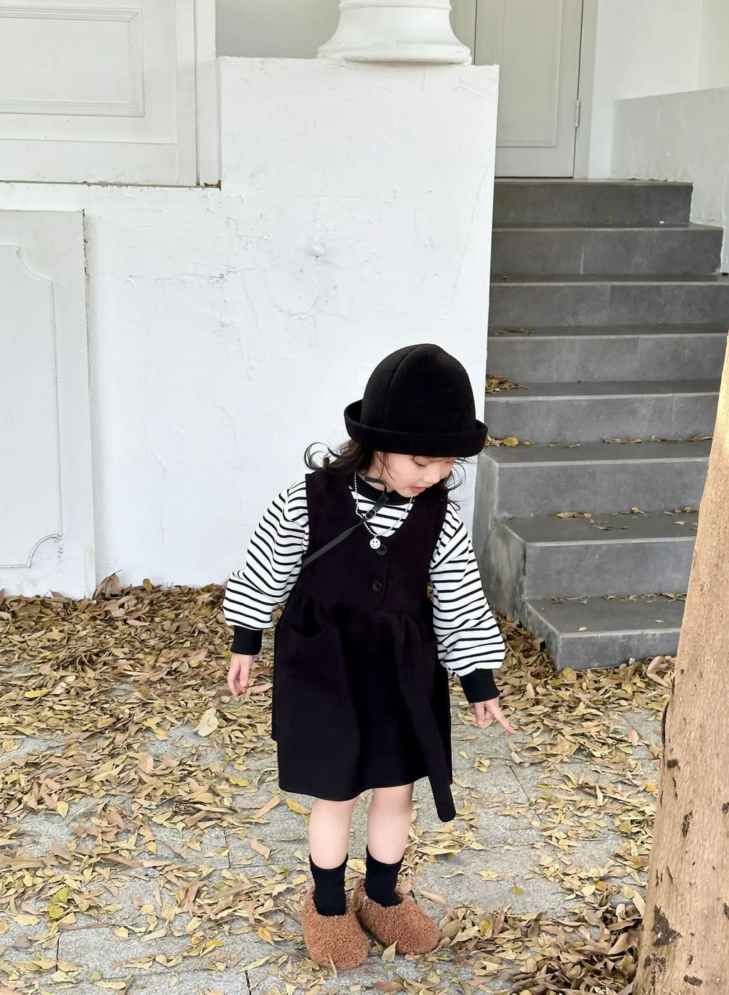 Clothing Suit Girls' Striped Long-Sleeved Sweater Plus Corduroy Vest Skirt  Autumn and Winter Clothing New Suit