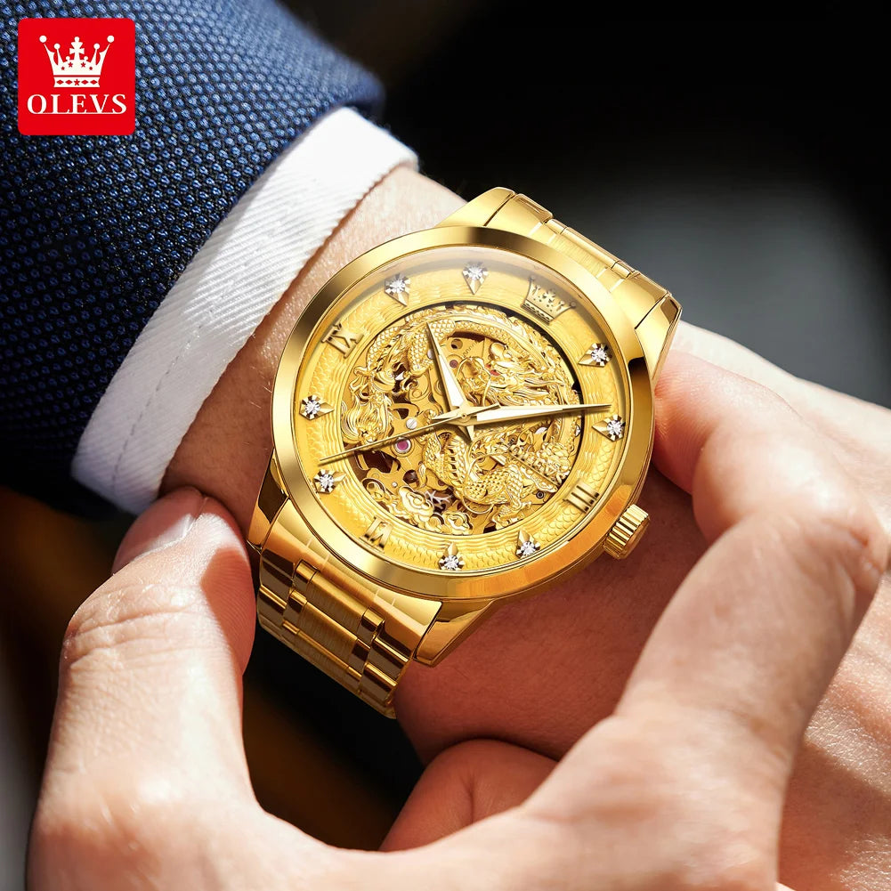 OLEVS Japan Automatic Mechanical Men's Watches High-end Luxury Brand Original Stainless Steel Hollowed Dragon Watch for Men 7027