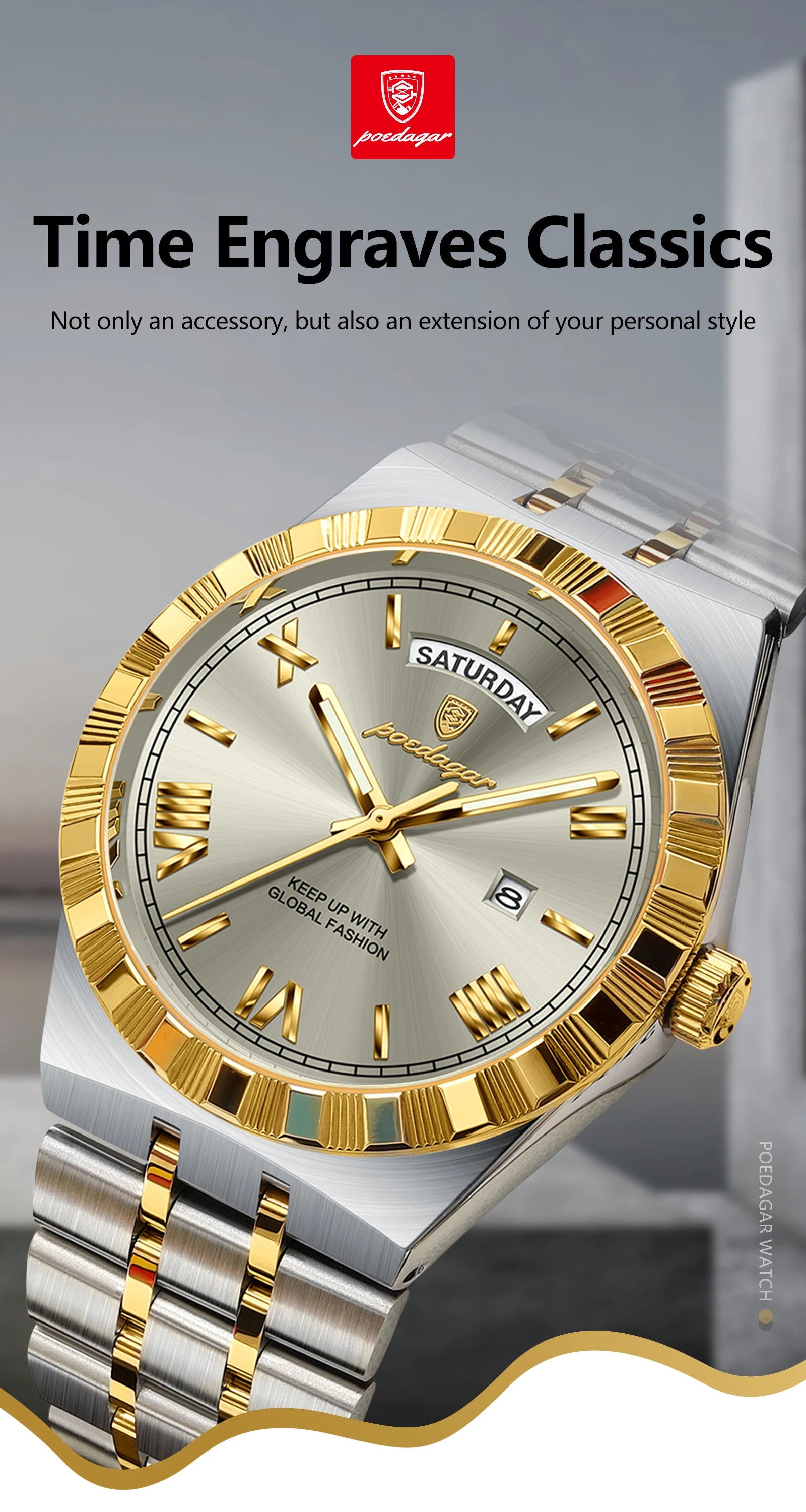 POEDAGAR Luxury Business Man Watch Week Date Waterproof Luminous Watches For Men Stainless Steel Quartz Men's Fashion Wristwatch