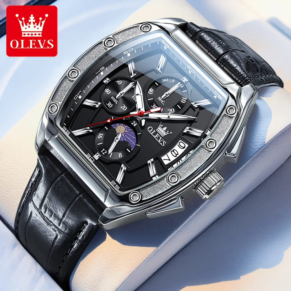 OLEVS Watch New 3661 Mens Watch Luxury Quartz Watch Waterproof Luminous Stainless Steel Moon Phase Sport Tonneau Watches For Men