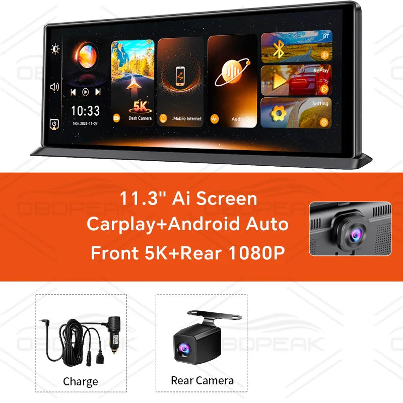 OBDPEAK K8 Pro Front 5K Rear 1080P Dash Cam Camera 11.3" Touch Ai Screen Carplay & Android Auto GPS Navigation Night Vision DVR