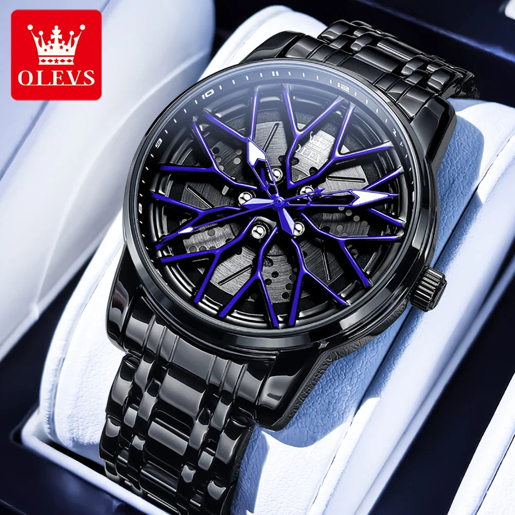 OLEVS 3701 Mens Watch Rotatable Wheel Hub Dial Fashion Quartz Watch Waterproof Luminous Stainless Steel Watches For Man Original