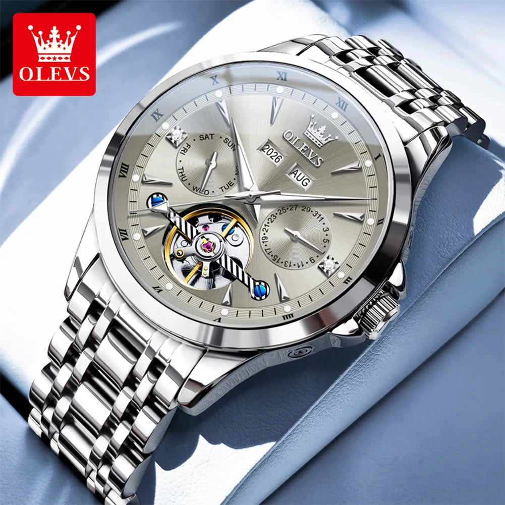 OLEVS 7091 Mens Watch Original Flywheel Automatic Mechanical Watch For Man Perpetual Calendar Waterproof Luminous Luxury Reloj