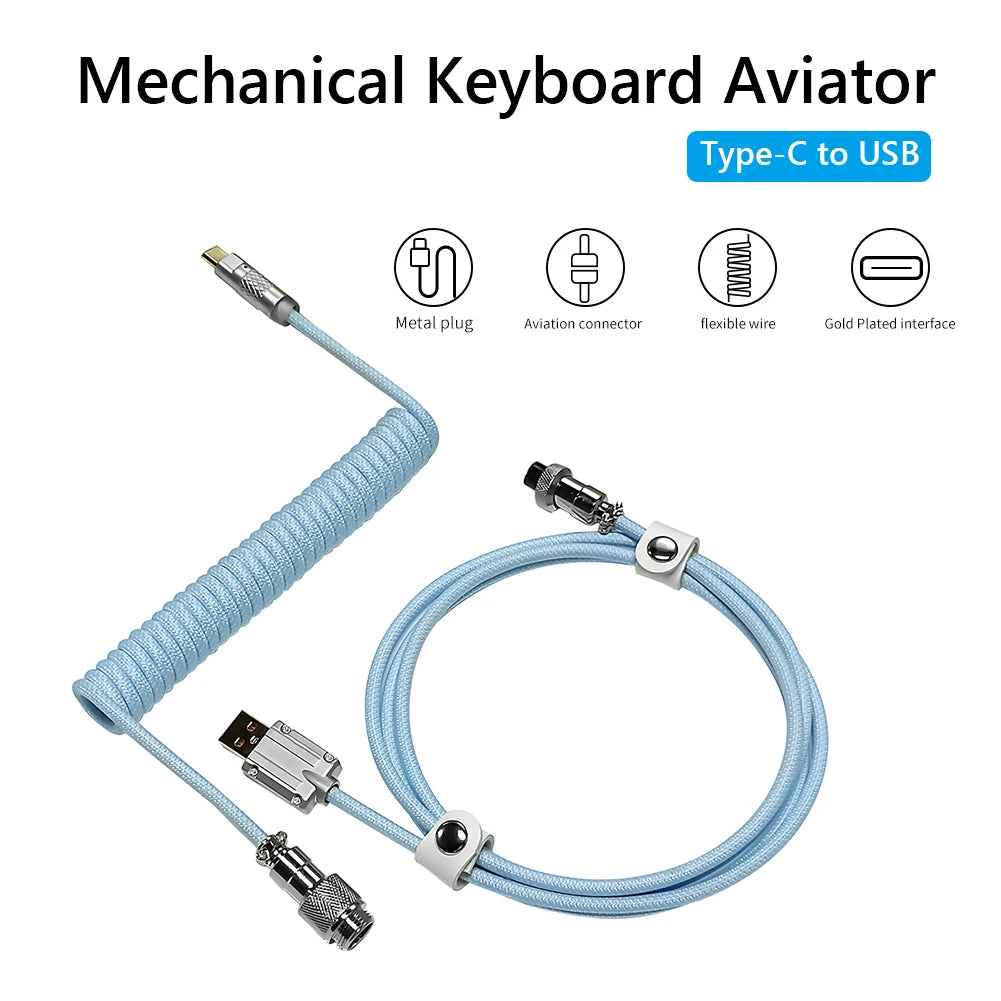 Type-c To USB Aviation Connector 2 in 1 Coiled Aviator Data Cable Rgb Colorful Lights Air Plug Connector for Mechanical Keyboard