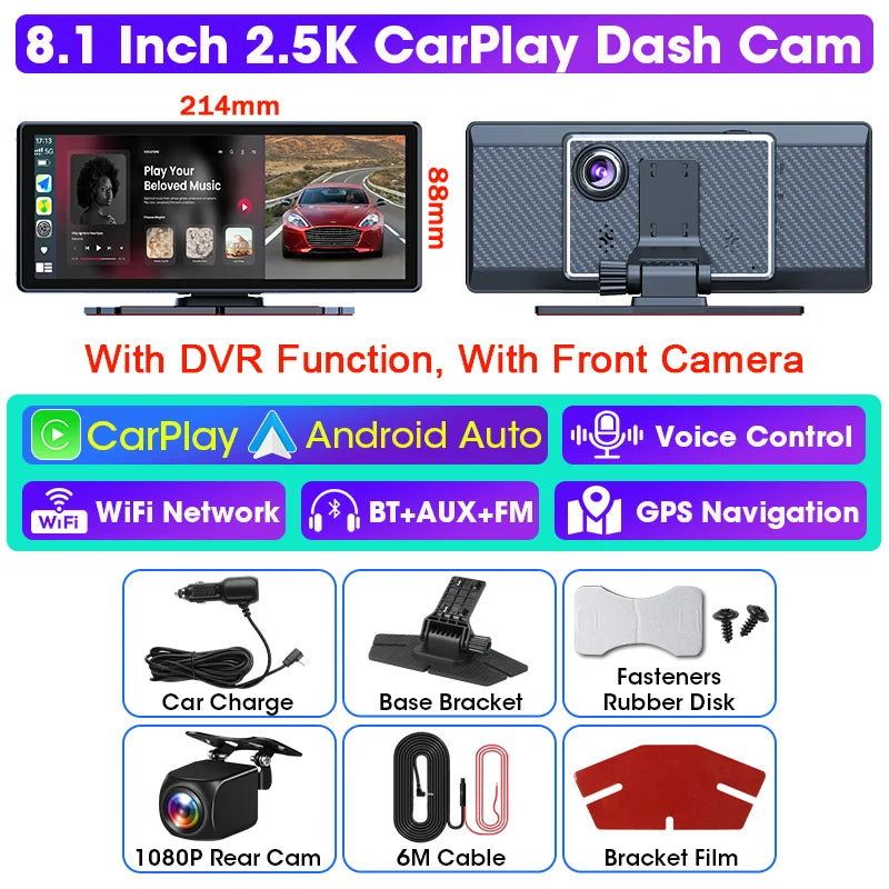 Vtopek 8.1 Inch 2.5K Dash Cam Wireless Carplay Android Auto Car DVR WiFi GPS Navigation Rearview Camera Dashboard Video Recorder