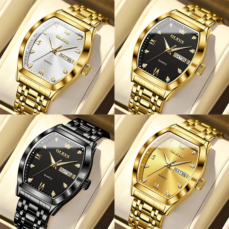 OLEVS Men's Watches Luxury Tonneau Original Top Brand Quartz Watch for Men Waterproof Luminous Week Date Male Wristwatch