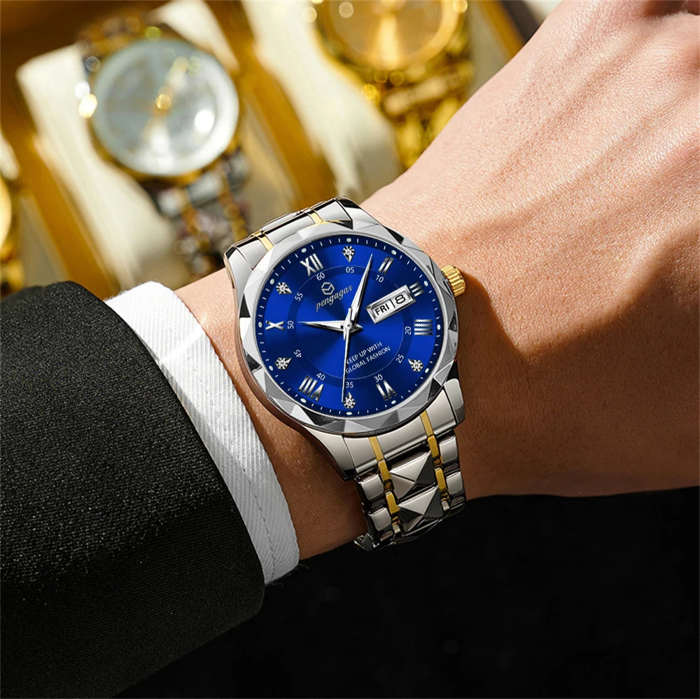 PENGAGAR Luxury Square Sport Man Wristwatch Waterproof Luminous Chronograph Quartz Men's Watches Stainless Steel Men Watch Reloj