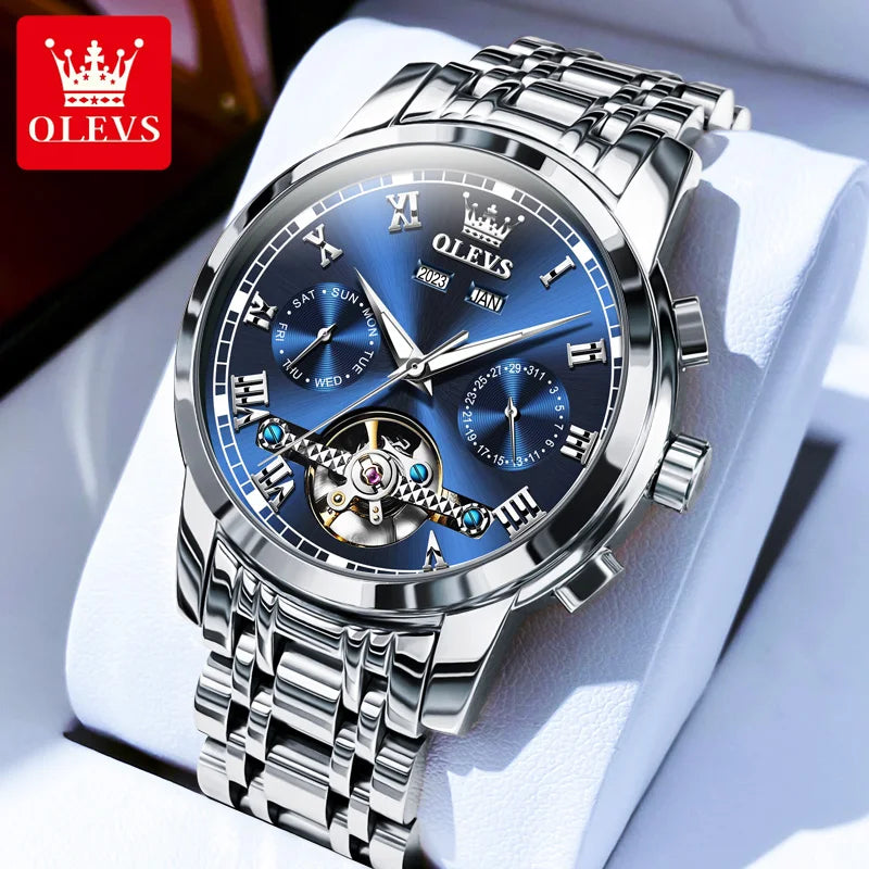 OLEVS 6607 Fully Automaitc Watches Stainless Steel Skeleton Flywheel Dual Calendar Top Luxury Brand Men's Mechanical Wristwatch