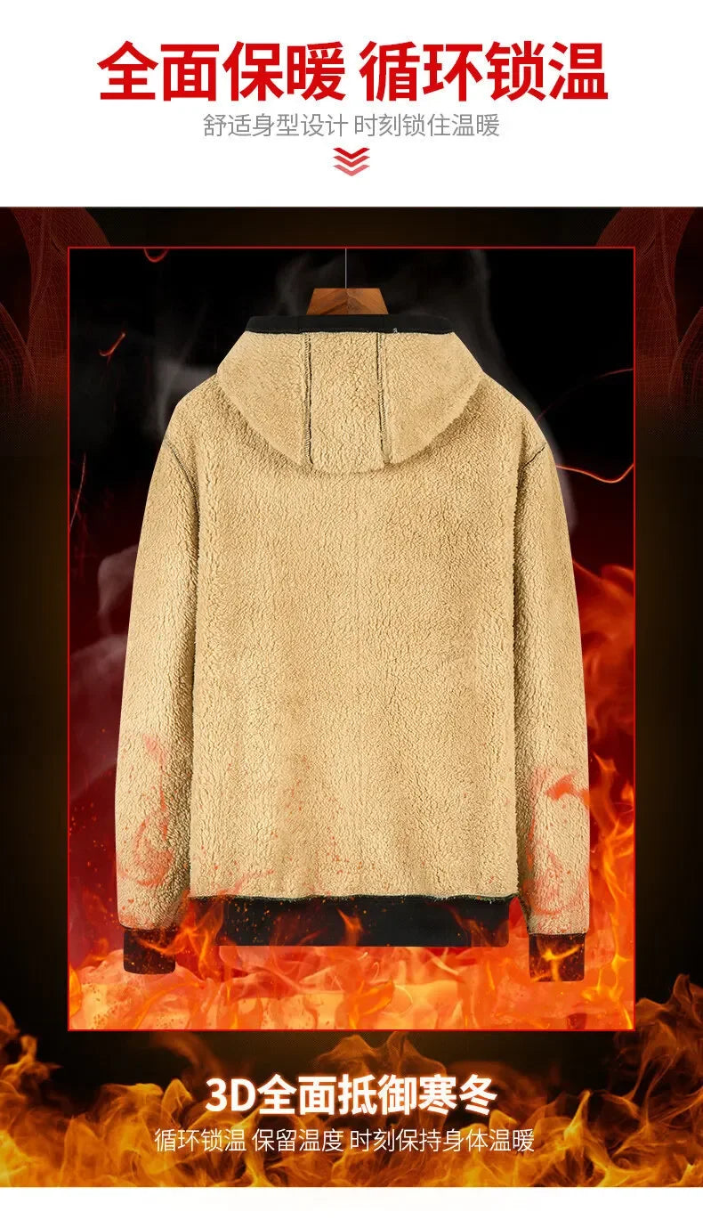 Men's Winter Warm Hoodies Sweatshirts Thickened Lamb Fleece Lining Hooded Jackets Windproof Zip Casual Hooded Sportwear for Men