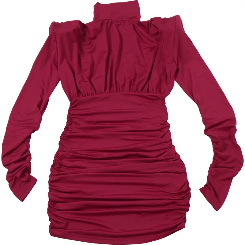 Women's Clothing 2025 Autumn And Winter New Fashion Temperament High Neck Pleated Waist Slim Hip Wrap Long Sleeve Dress Women