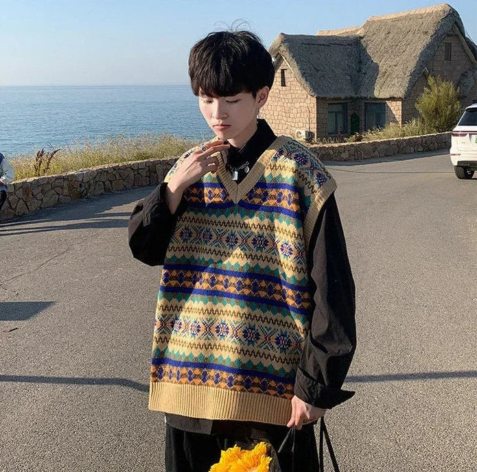 Men's Clothing Plaid Sleeveless Blue Knit Sweater Male Graphic Waistcoat Vest Casual Korean Style Baggy Fashion Stylish Hot A