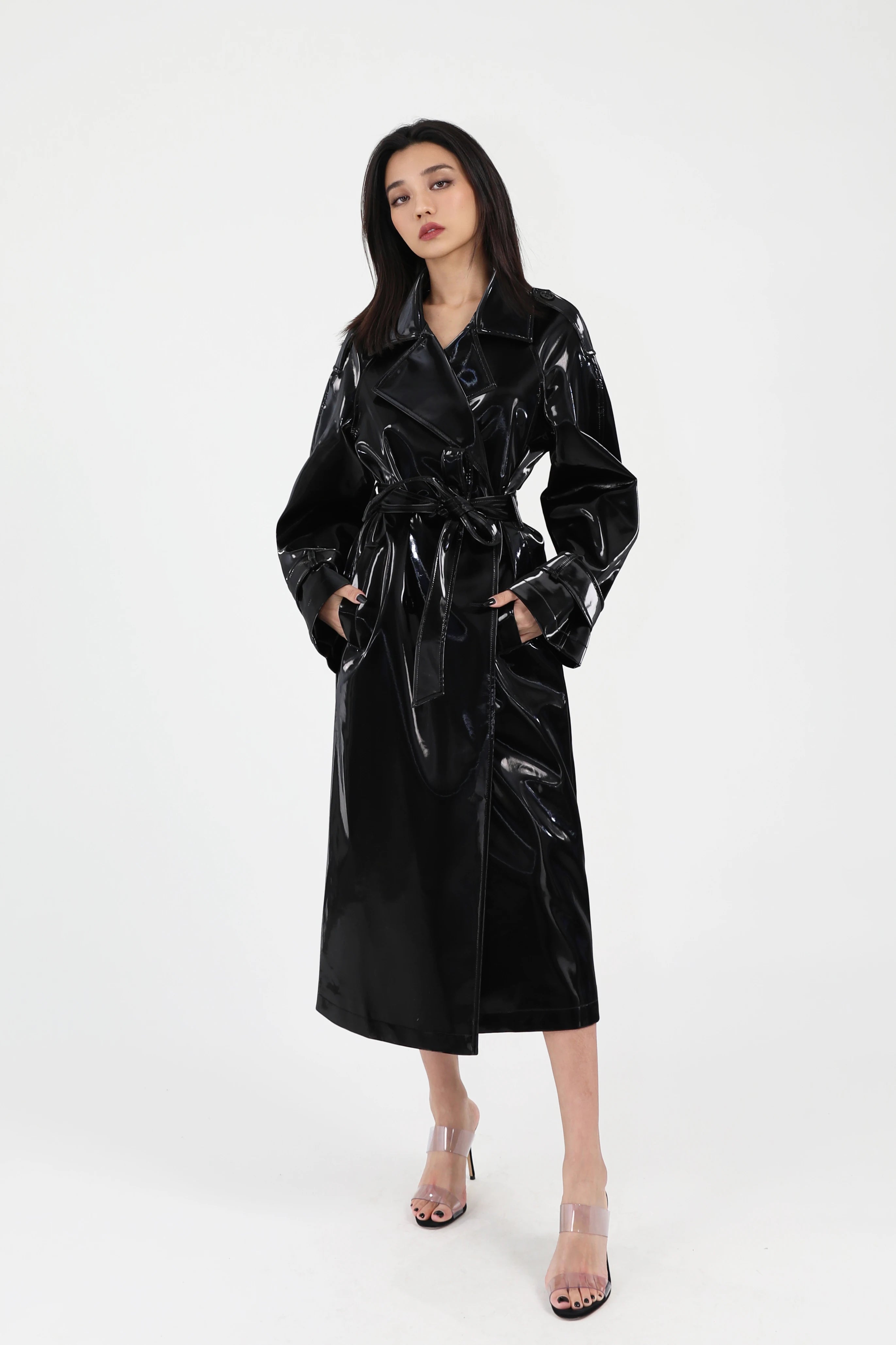 Lautaro Spring Autumn Long Shiny Reflective Patent Leather Trench Coat for Women Sashes Luxury Designer Runway European Fashion